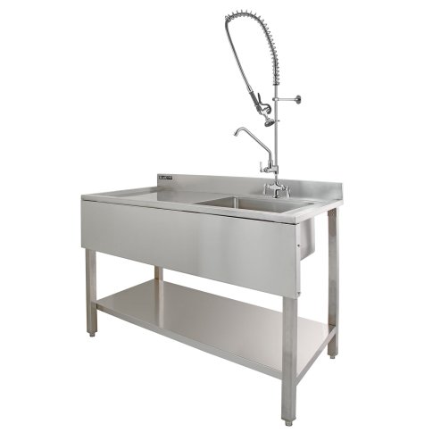 KuKoo Commercial Kitchen Catering Sink & Pre-Rinse Mixer Tap, LH Drainer Stainless Steel, 1.0 Bowl, 120cm Wide