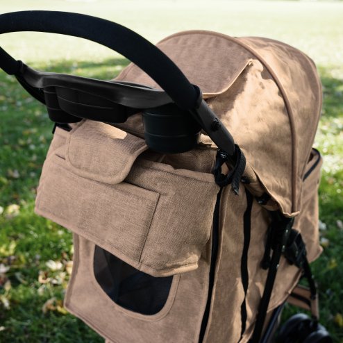 Pet Stroller Caddy Organiser Woven Beige Pushchair Pram Travel Accessory Bag Detachable Hook & Loop Straps Elastic Cup Pouch Front Pocket Large Capacity Multifunctional Linen Fabric