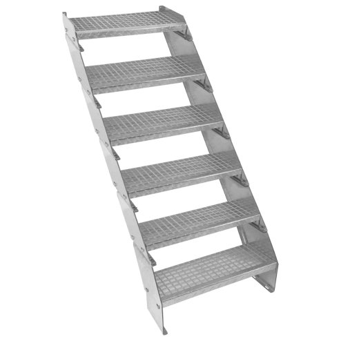 Metal Staircase 6 Section Adjustable Height 60cm / 600mm Wide Galvanised Steel Silver 6 Steps Weatherproof Grate Step Outdoor Garden Patio Modular Stairs 5mm Rod Thickness FREE Fixing Kit Image
