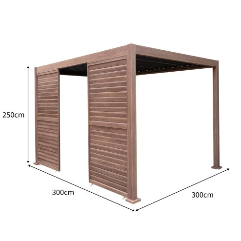 Wood Effect Aluminium Pergola With LED Lights & 2 x Side Panels - 3m x 3m
