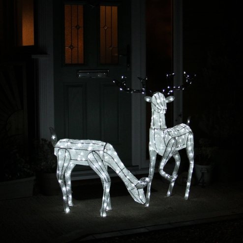 Light Up Reindeer White Stag And Doe Set Christmas Decoration Figure Cool LEDs Ornament Indoor Or Outdoor Use Glitter Large