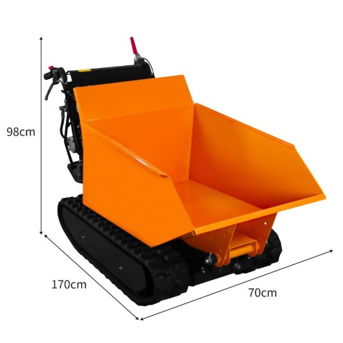 Mini Dumper Tracked Power Barrow 500kg Load Petrol Tipper Transporter 270cc 9HP Hydraulic Tipping 4 Speed Gears 3 Forward 1 Reverse Safety Brake Steel Skip Utility FREE Ramps Snow Shovel Extension Box