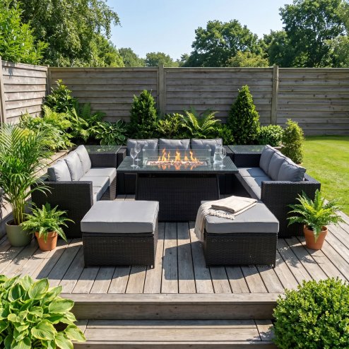 11 Seater Rattan Furniture Set With Firepit - Black