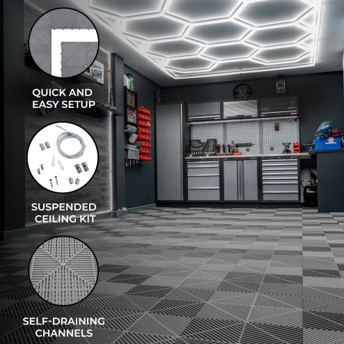 Vented Modular Interlocking Flooring Tiles x 120 Grey With Edges & Hexagon LED Lighting 14 White Lights & Border 6500K 3 Mount Options & Suspended Ceiling Kit Single Garage Floor Mat 3.2m x 6m 19.2m2
