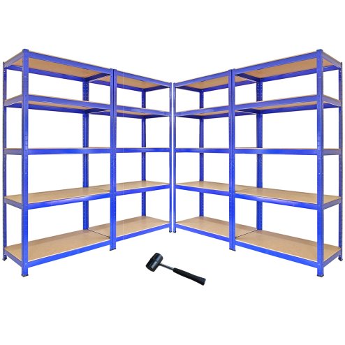 4 x Monster Racking T-Rax Metal Storage Shelves, Blue, 90cm W, 45cm D / 5600kg Capacity / FREE rubber mallet