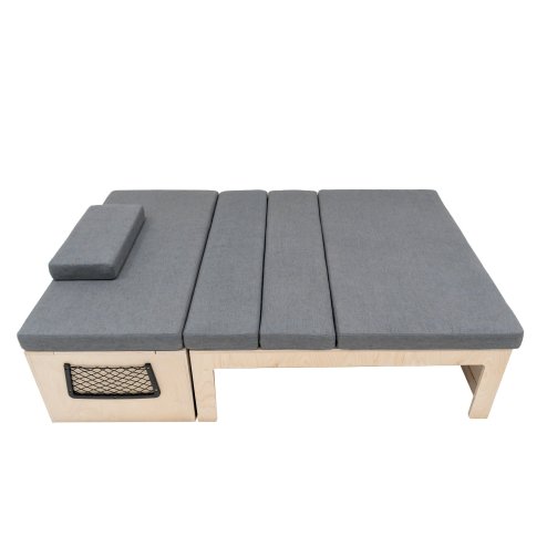 L-Shape Camper Van Sofa Bed & Cushions 1800 x 1200mm Sliding Pull Out Design Under Bench Storage & 2 x Nets Versatile Vehicle Compatibility Birch Wood 8cm Thick Mattress Washable Covers Fixing Kit