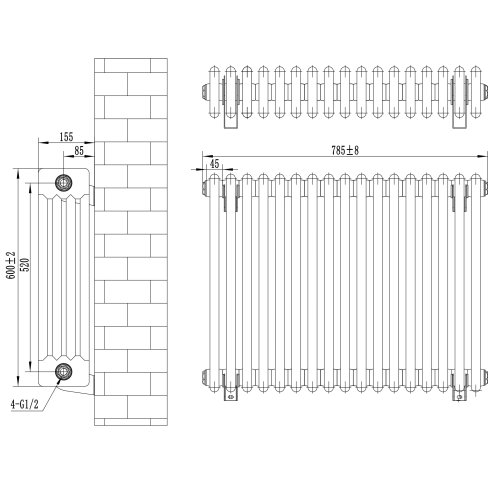 Traditional 4 Column Radiator & Valves - 600 x 785mm - Anthracite Grey