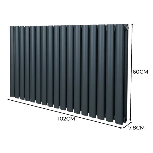 Oval Column Radiator 600mm x 1020mm & TRV Chrome Valves Designer Double Panel Central Heating Heater Anthracite Grey Steel Horizontal Kitchen Living Room FREE Cleaning Brush Fixing Kit & Brackets