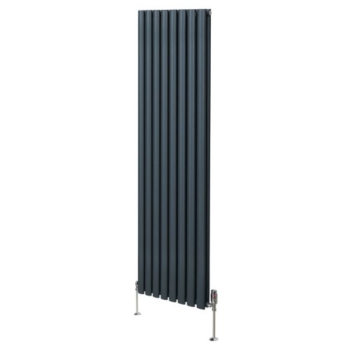 Oval Column Radiator 1800mm x 480mm & TRV Chrome Valves Modern Designer Double Panel Central Heating Heater Anthracite Grey Steel Vertical Kitchen Living Room FREE Cleaning Brush Fixing Kit & Brackets