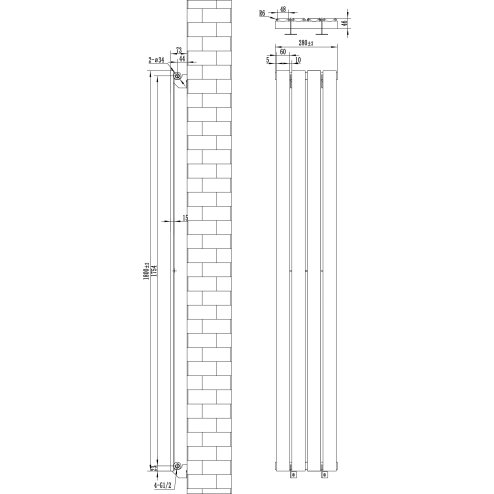 Flat Single Column Radiator & Valves - 1800mm x 280mm - Anthracite Grey