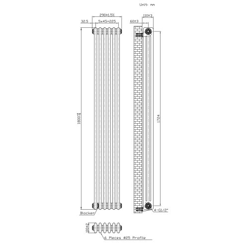 Traditional 3 Column Radiator - 1800 x 290mm - Raw Metal