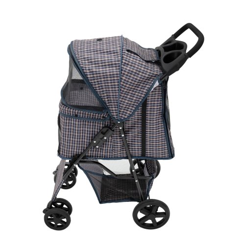 Pet Stroller Pushchair Blue Tartan Carrier Foldable Trolley Travel Cart 15kg Capacity 4 Wheels Brakes Cat Dog Safety Hook Leash Cushion Canopy Mesh Windows Basket Cup Holders & Waterproof Rain Cover