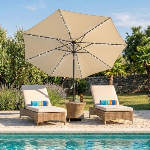 Round Picnic Table + Cream Parasol Bundle