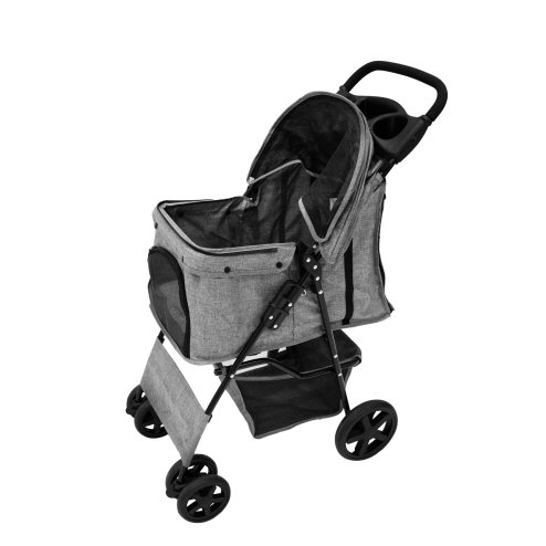 Pet Stroller Pushchair Woven Grey Carrier Foldable Trolley Travel Cart 15kg Capacity 4 Wheels Brakes Cat Dog Safety Hook Leash Cushion Canopy Mesh Windows Basket Cup Holders & Waterproof Rain Cover