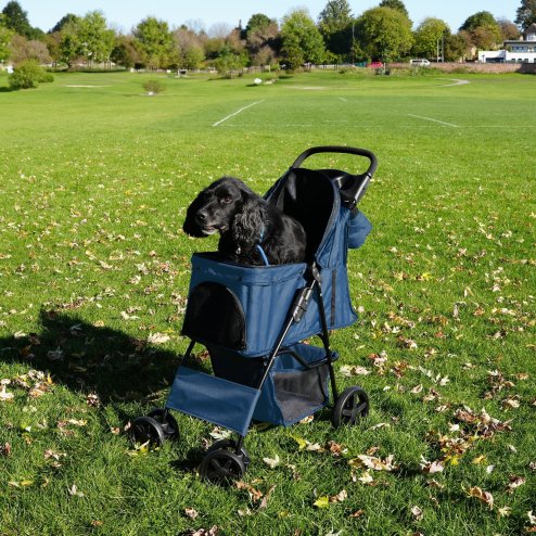Pet Stroller Pushchair & Caddy Bag Organiser Detachable Navy Blue Foldable Carrier 15kg Capacity Wheels Brakes Dog Hook Leash Canopy Mesh Windows Basket Cup Holders Pockets & Waterproof Rain Cover