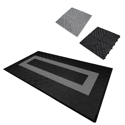 Vented Modular Interlocking Flooring Tiles & Edges 90 Black & 30 Grey Single Garage Heavy Duty Floor Mat Showroom Workshop Outdoor Polypropylene Anti Slip Weather Resistant Drainage 3.2m x 6m 19.2m2
