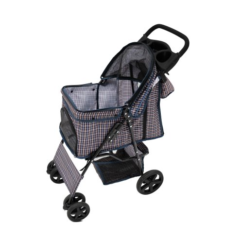 Pet Stroller Pushchair & Caddy Bag Organiser Detachable Blue Tartan Foldable Carrier 15kg Capacity Wheels Brakes Dog Hook Leash Canopy Mesh Windows Basket Cup Holders Pockets & Waterproof Rain Cover