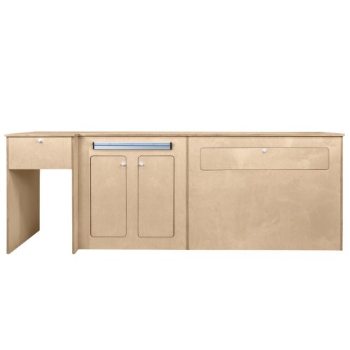 Camper Van Kitchen Pod RHD Conversion Unit Flat Pack Motorhome Campervan Furniture Foldaway Table Built In Storage Cupboards Fridge Space Towel Holder 15mm Birch Plywood SWB VW T5 & T6 Transporters