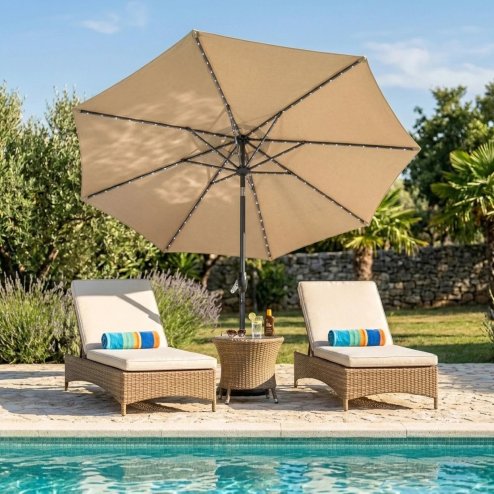 White Foldable Picnic Table and Bench Set + Beige LED Tilt Parasol 2.7m