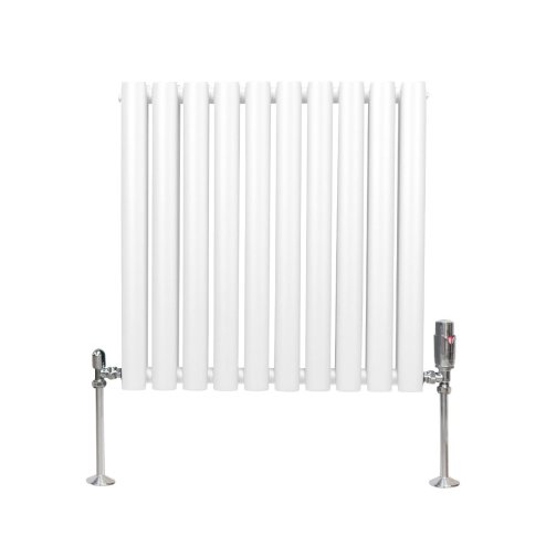 Oval Column Radiator 600mm x 600mm & TRV Chrome Valves Modern Designer Double Panel Central Heating Heater White Steel Horizontal Kitchen Living Room Bathroom FREE Cleaning Brush Fixing Kit & Brackets