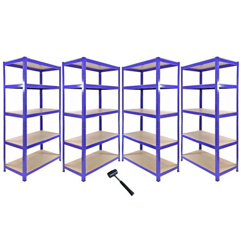 1 x Corner Garage Racking Unit & 4 x Single Racking Storage Units / 5 T-Rax Blue Steel & MDF Shelves / 6925kg capacity / 265kg per shelf / Free Rubber Mallet