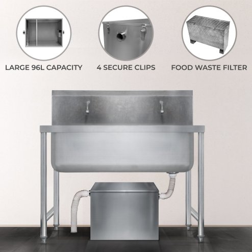 Commercial Grease Trap 96L Under Sink Interceptor 9KG Stainless Steel Waste Fat Oil Water Separator Filter Restaurant Kitchen Takeaway Hotel Cafe 50mm Inlet Outlet Compact 39cm H x 39cm W x 39cm D