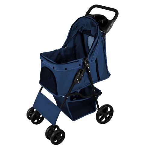 Pet Stroller Pushchair Navy Blue Carrier Foldable Trolley Travel Cart 15kg Capacity 4 Wheels Brakes Cat Dog Safety Hook Leash Cushion Canopy Mesh Windows Basket Cup Holders & Waterproof Rain Cover