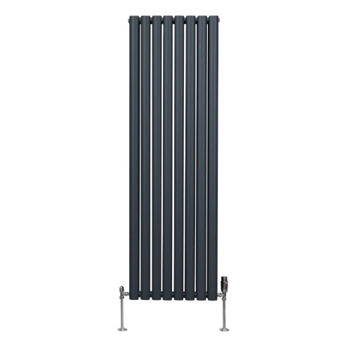 Oval Column Radiator 1600mm x 480mm & TRV Chrome Valves Modern Designer Double Panel Central Heating Heater Anthracite Grey Steel Vertical Kitchen Living Room FREE Cleaning Brush Fixing Kit & Brackets