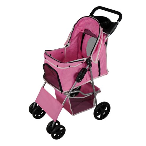 Pet Stroller Pushchair Pink Carrier Foldable Trolley Travel Cart 15kg Capacity 4 Wheels Brakes Cat Dog Safety Snap Hook Leash Cushion Canopy Mesh Windows Basket Cup Holders FREE Waterproof Rain Cover