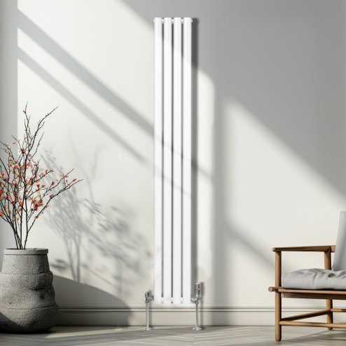 Oval Column Radiator 1800mm x 240mm & TRV Chrome Valves Modern Designer Double Panel Central Heating Heater White Steel Vertical Kitchen Living Room FREE Cleaning Brush Fixing Kit & Brackets