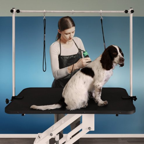 Hydraulic Pet Dog Grooming Table Lift Height Adjustable H Bar 180kg Weight Capacity Large 106cm x 61cm Black Rubber Top Professional Heavy Duty Steel White Frame 4 Adaptable Stable Feet 3 Loop Leashes