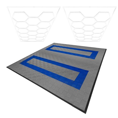 Vented Modular Interlocking Flooring Tiles 165 Grey & 60 Blue With Edges & Hexagon LED Lighting 28 White Lights & Border 6500K 3 Mount Options & Suspended Ceiling Kit Double Garage Floor Mat 6m x 6m