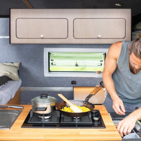 Campervan Overhead Cabinet 2 Door Top Locker Central Divider Camper Van Furniture Storage Lightweight Solid Birch Plywood Unpainted Soft Close Hinges Push Button Locks Pre Drilled Holes Fixing Kit