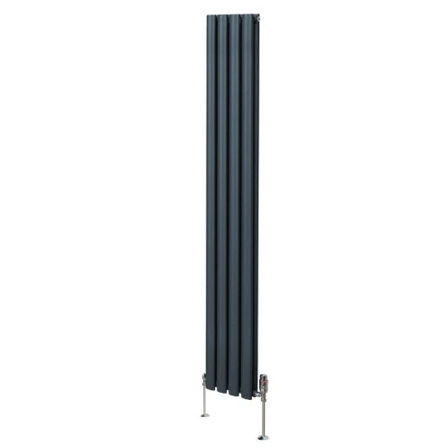 Oval Column Radiator 1800mm x 240mm & TRV Chrome Valves Modern Designer Double Panel Central Heating Heater Anthracite Grey Steel Vertical Kitchen Living Room FREE Cleaning Brush Fixing Kit & Brackets