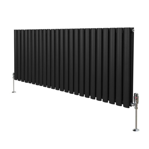 Oval Column Radiator 600mm x 1440mm & TRV Chrome Valves Modern Designer Double Panel Central Heating Heater Black Steel Horizontal Kitchen Living Room FREE Cleaning Brush Fixing Kit & Brackets