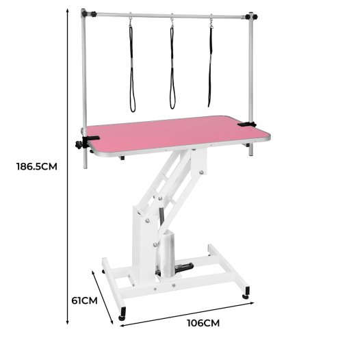 Hydraulic Pet Dog Grooming Table Lift Height Adjustable H Bar 180kg Weight Capacity Large 106cm x 61cm Pink Rubber Top Professional Heavy Duty Steel White Frame 4 Adaptable Stable Feet 3 Loop Leashes