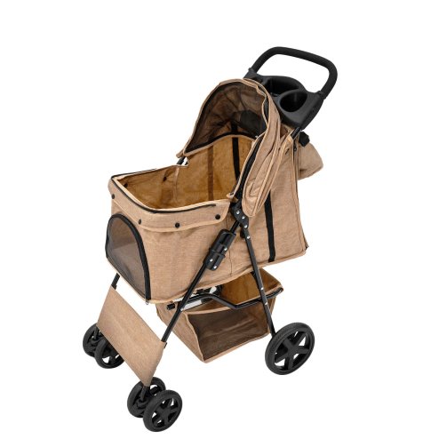 Pet Stroller Pushchair & Caddy Bag Organiser Detachable Woven Beige Foldable Carrier 15kg Capacity Wheels Brakes Dog Hook Leash Canopy Mesh Windows Basket Cup Holders Pockets & Waterproof Rain Cover