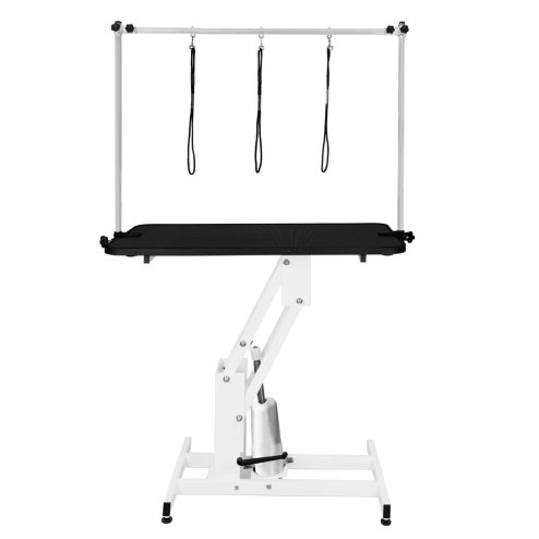 Hydraulic Pet Dog Grooming Table Lift Height Adjustable H Bar 180kg Weight Capacity Large 106cm x 61cm Black Rubber Top Professional Heavy Duty Steel White Frame 4 Adaptable Stable Feet 3 Loop Leashes