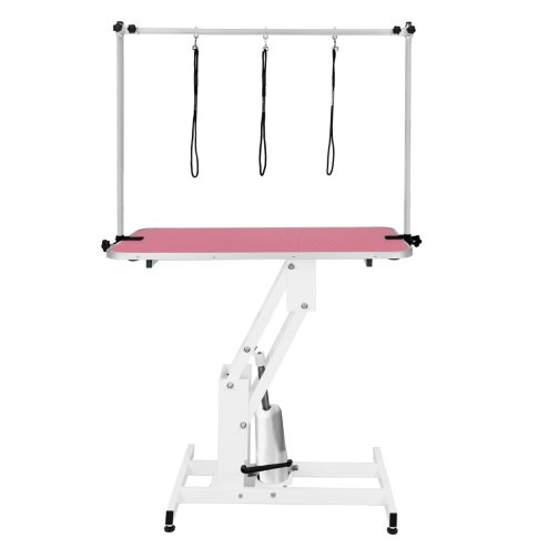 Hydraulic Pet Dog Grooming Table Lift Height Adjustable H Bar 180kg Weight Capacity Large 106cm x 61cm Pink Rubber Top Professional Heavy Duty Steel White Frame 4 Adaptable Stable Feet 3 Loop Leashes