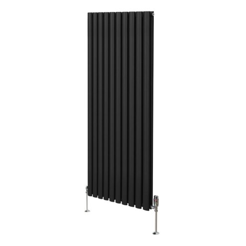 Oval Column Radiator 1600mm x 600mm & TRV Chrome Valves Modern Designer Double Panel Central Heating Heater Black Steel Vertical Kitchen Living Room FREE Cleaning Brush Fixing Kit & Brackets