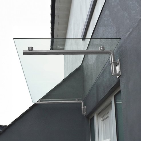 MonsterShop 1440 x 800mm Glass Canopy, 4 Stainless Steel Brackets, Front/Back Door Porch Shelter