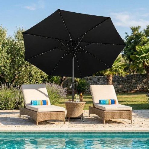 LED Tilt Parasol 2.7m With Tilt Base - Black