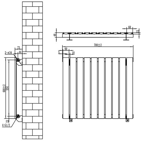 Flat Single Column Radiator & Valves - 600mm x 700mm - Black