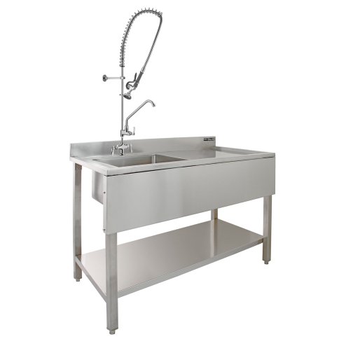 KuKoo Commercial Kitchen Catering Sink & Pre-Rinse Mixer Tap, RH Drainer Stainless Steel, 1.0 Bowl, 120cm Wide