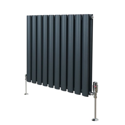 Oval Column Radiator 600mm x 600mm & TRV Chrome Valves Designer Double Panel Central Heating Heater Anthracite Grey Steel Horizontal Kitchen Living Room FREE Cleaning Brush Fixing Kit & Brackets