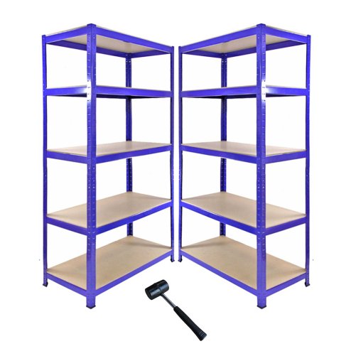 1 x Corner Garage Racking Unit & 2 x Single Racking Storage Units / 5 T-Rax Blue Steel & MDF Shelves / 4125kg capacity / 265kg per shelf / Free Rubber Mallet