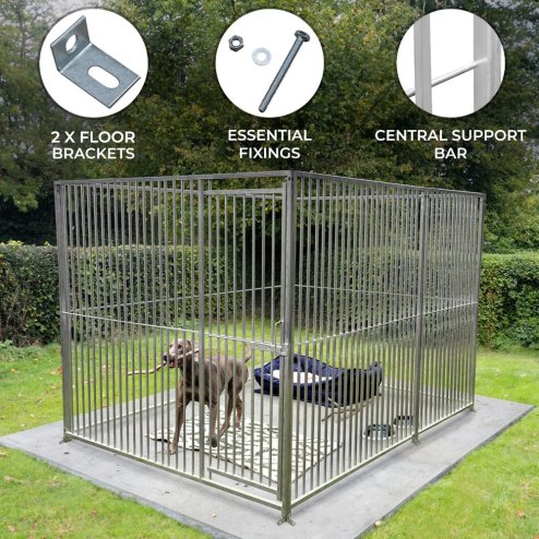 Dog Run Panels With Door Galvanised Steel Kennel Heavy Duty Walk In Animal Enclosure Pen Fence Playpen Outdoor Support Bar 5cm Bar Spacing 1.84m x 2m Modular FREE Ground Fixing Brackets & Fixing Kit