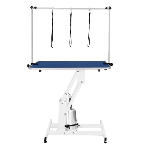 Hydraulic Pet Dog Grooming Table Lift Height Adjustable H Bar 180kg Weight Capacity Large 106cm x 61cm Blue Rubber Top Professional Heavy Duty Steel White Frame 4 Adaptable Stable Feet 3 Loop Leashes