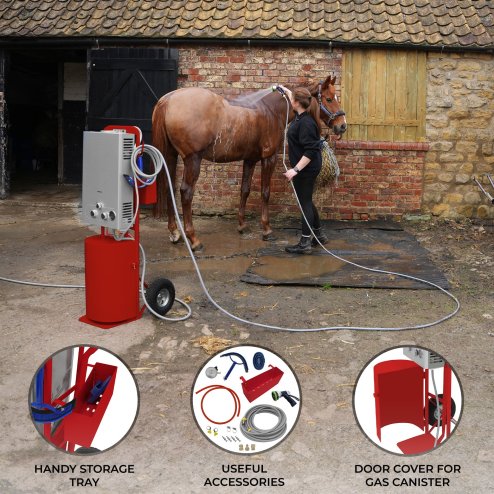 Portable Horse Shower With Steel Trolley Red 18L Tankless Instant Hot Water Gas Boiler LPG Heater 10m Water Hose & 9-Pattern Spray Gun Camping Outdoor 10
