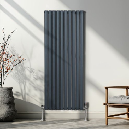 Oval Column Radiator 1600mm x 600mm & TRV Chrome Valves Modern Designer Double Panel Central Heating Heater Anthracite Grey Steel Vertical Kitchen Living Room FREE Cleaning Brush Fixing Kit & Brackets